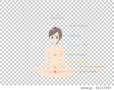 座禅をしている若い女性の7つのチャクラの体の場所 座禅をしている若い女性の7つのチャクラの体の場所 91117297