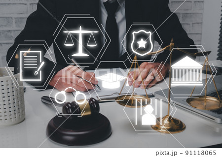 Justice and law concept, Male judge working on laptop computer with VR screen law icon background. 91118065