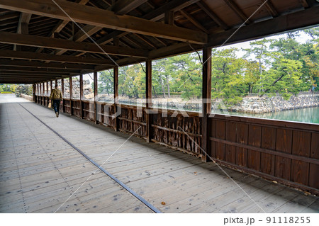 香川県高松市　高松城の鞘橋から見るお堀と石垣 91118255