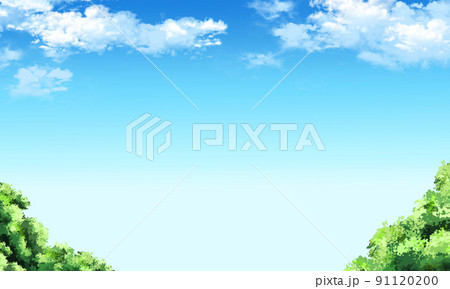 青空に白い雲が浮かぶ緑の樹木があるアニメ調の風景01（コピースペースあり） 91120200
