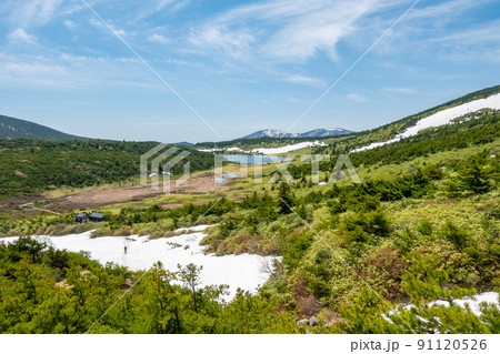 一切経山から望む　蓬莱山　磐梯山　残雪 91120526