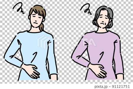 お腹の調子が悪く不調そうな女性のセット 91121751