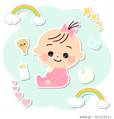 手書き風のかわいい赤ちゃんと赤ちゃん小物のイラスト素材