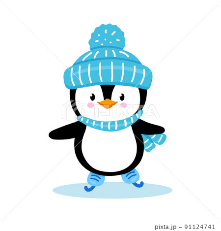 Penguin kid in hat and scarf skates on ice in winter. Cute penguin skater isolated on white background. Childish vector character. Penguin kid in hat and scarf skates on ice in winter. Cute penguin skater isolated on white background. Childish vector character. 91124741