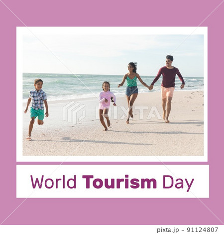 Digital composite image of happy multiracial family running at beach, world tourism day text 91124807