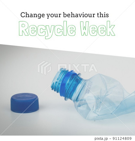 Digital composite image of crushed plastic bottle with recycle week text, copy space 91124809