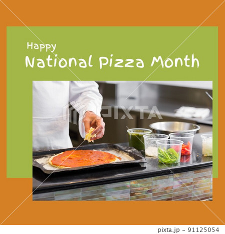 Midsection of caucasian chef making pizza on counter in restaurant and happy national pizza month Midsection of caucasian chef making pizza on counter in restaurant and happy national pizza month 91125054
