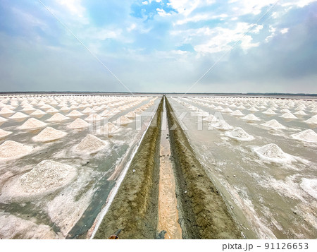Aerial view of Salt farms in Phetchaburi province, Thailand 91126653