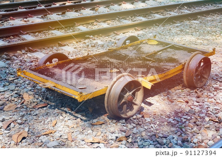 Vintage inspection car on the railway for maintenance of the railway. Vintage inspection car on the railway for maintenance of the railway. 91127394