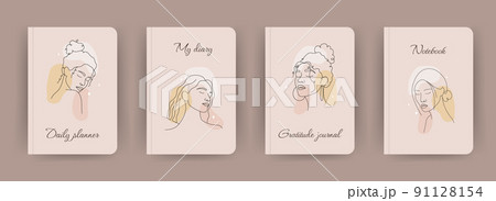 Cover page notebook collection. Templates with abstract women faces in one line style. Perfect for diary, books, magazines, journals, catalogs, planners and flyers. Vector layouts 91128154