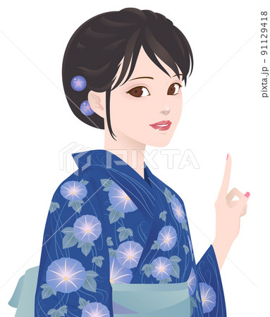 朝顔柄の浴衣の女の子 指差し 青のイラスト素材 [91129418] - PIXTA