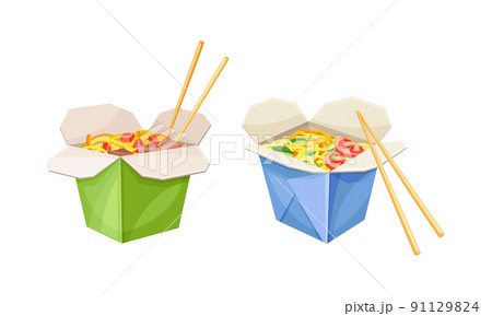 Wok noodles, take away boxes and chopsticks vector illustration 91129824