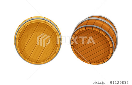 Wooden barrels set. Traditional oak casks for storing liquids, top view vector illustration 91129852