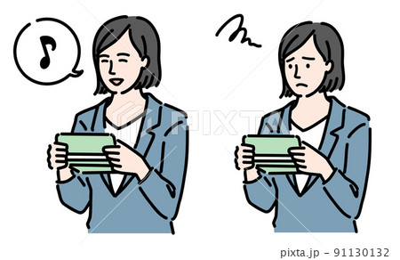通帳を見て一喜一憂している若いスーツの女性のセット 91130132
