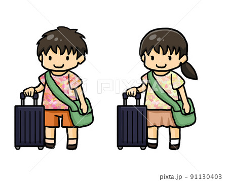 スーツケースをもっている日本人男女のイラスト 91130403