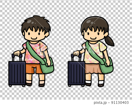 スーツケースをもっている日本人男女のイラスト 91130403
