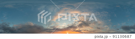 Dark blue sunset sky panorama with Cirrus clouds. Seamless hdr pano in spherical equirectangular format. Complete zenith for 3D visualization, game and sky replacement for aerial drone 360 panoramas. 91130687