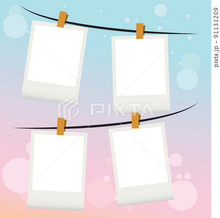 Cartoon retro photo frames hanging on rope by clip. With colorful gradient color background, flat style design, vector, illustration, EPS10 91131209