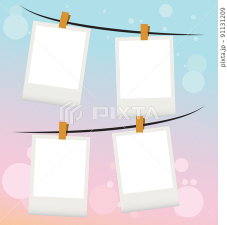 Cartoon retro photo frames hanging on rope by clip. With colorful gradient color background, flat style design, vector, illustration, EPS10 91131209