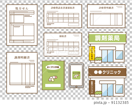 処方箋、領収書、明細書、お薬手帳、薬局、クリニックのイラスト 91132385