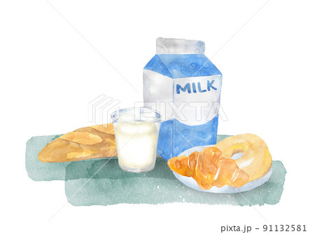 牛乳とパンの水彩画 牛乳とパンの水彩画 91132581