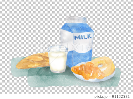 牛乳とパンの水彩画 牛乳とパンの水彩画 91132581