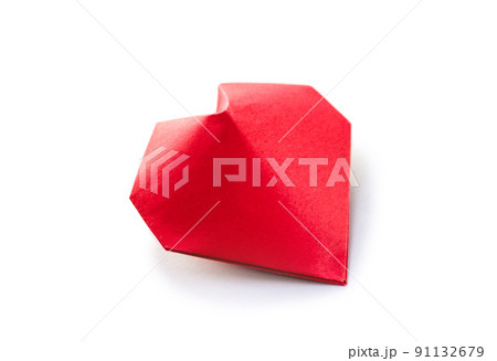 Red paper heart origami isolated on a white background 91132679