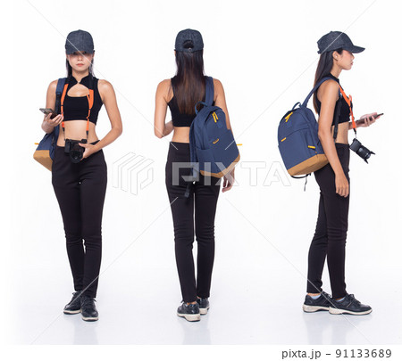 Full length 30s Asian Woman tourist holiday traveller, 360 front side back rear 91133689
