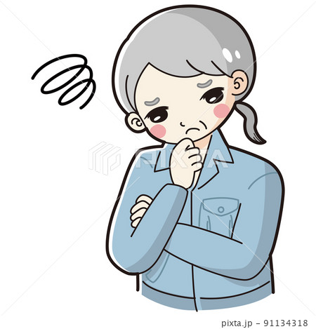 考え事をしている作業服を着たシニア女性のイラスト 91134318