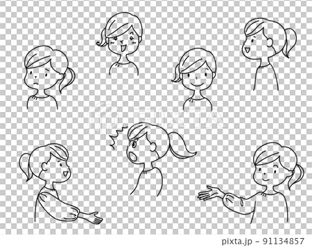 Line drawing illustration set of women with various facial expressions 91134857