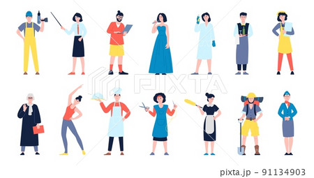 Different workers group. Variety occupations, worker teamwork flat characters. Mix different professionals, male and female professions recent vector people Different workers group. Variety occupations, worker teamwork flat characters. Mix different professionals, male and female professions recent vector people 91134903