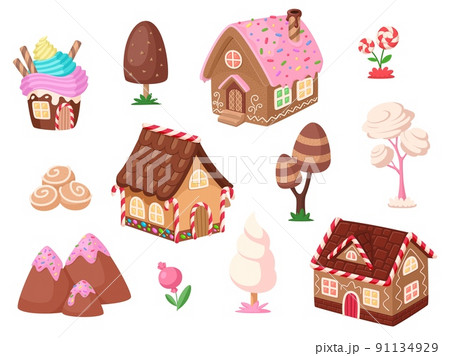 Cartoon sweet element. Candy cupcake house, dessert tree and flowers. Chocolate and ginger cookies home, garish game fantasy vector clipart 91134929