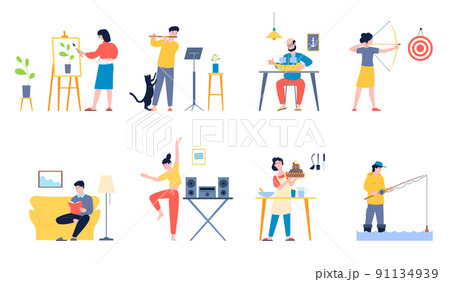 People and hobby. Painter and dancing, sculpture artist or amateur designer. Person do hobbies, reading book on sofa and play music, cooking recent vector set People and hobby. Painter and dancing, sculpture artist or amateur designer. Person do hobbies, reading book on sofa and play music, cooking recent vector set 91134939