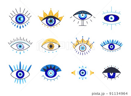 Evil eyes turkish esoteric elements. Greek mascot, outline blue eye art sign. Magic spiritual symbols, contemporary vision line classy vector icons 91134964