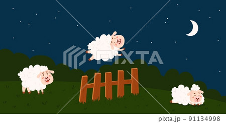 Counting sheep to sleep. Sheeps at night jump over fence. Sleeping wool animal, insomnia treatment. Cartoon meadow at bed time, sleepy classy vector background 91134998