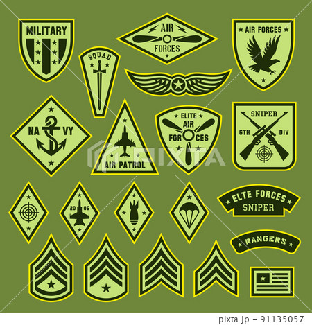 Military army badges. Air force logo and patch for uniform, soldier medal and insignia. War elite forces symbols with wings, shield, crest. Tidy chevron vector set Military army badges. Air force logo and patch for uniform, soldier medal and insignia. War elite forces symbols with wings, shield, crest. Tidy chevron vector set 91135057