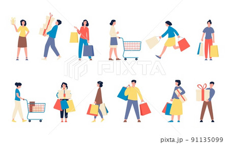 Flat buyers. Fashionable women and men on shopping. Isolated customer with bags and boxes. Gift and clothes purchasing, customers recent vector set Flat buyers. Fashionable women and men on shopping. Isolated customer with bags and boxes. Gift and clothes purchasing, customers recent vector set 91135099