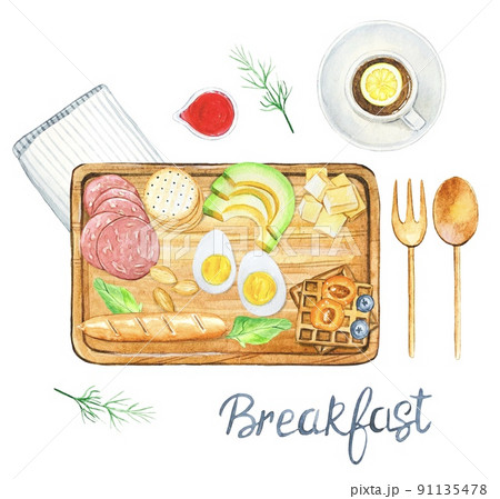 Healthy breakfast . Watercolor illustration 91135478