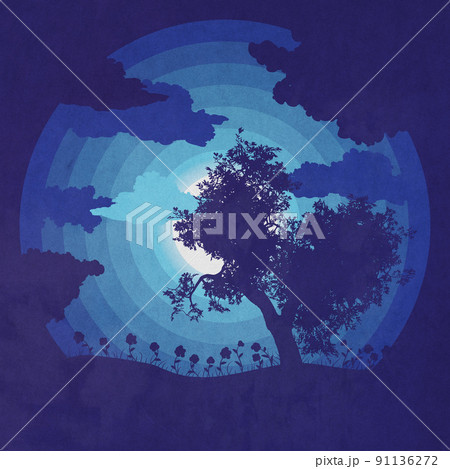 Night landscape with tree silhouette grunge 91136272