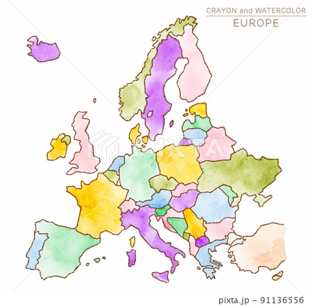 手描きのヨーロッパ地図（クレヨンと水彩） 91136556