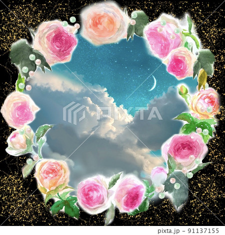 薔薇のフラワーリース手描き水彩画メッセージカードと青く美しい雲海と三日月の背景画 91137155