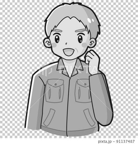 Illustration of a senior man wearing work clothes doing a guts pose (black and white) Illustration of a senior man wearing work clothes doing a guts pose (black and white) 91137487