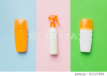 Skincare cosmetic products from above on colored table. Cream, cleancer, moisturizer or lotion. Branding mock up. Copyspace Skincare cosmetic products from above on colored table. Cream, cleancer, moisturizer or lotion. Branding mock up. Copyspace 91137993