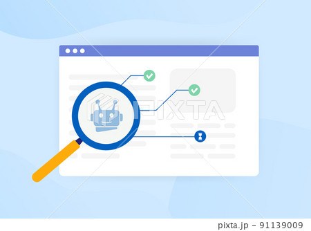 Indexed or Non-Indexed pages concept. Search robots crawl the website and find pages to add to the database of web pages. Vector illustration in flat design 91139009