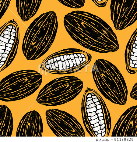 Cacao beans seamless pattern. Cocoa fruit vintage yellow background. Textured vintage illustration. Cacao beans seamless pattern. Cocoa fruit vintage yellow background. Textured vintage illustration. 91139829