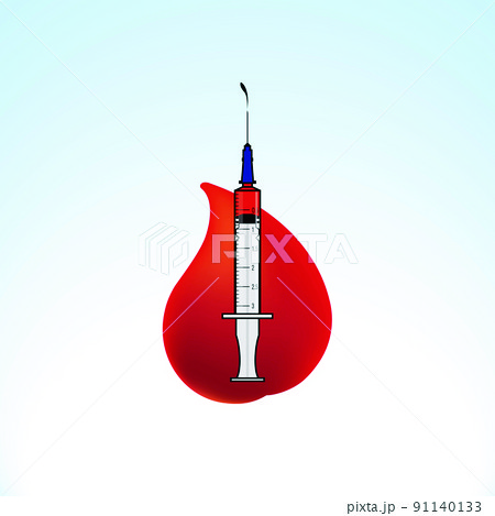 Illustration of a syringe and a Blood on a light blue gradient background 91140133