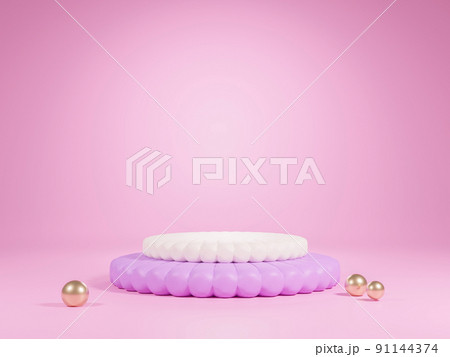 Abstract feminine cylinder white and purple podiums with golden balls on pink background 91144374