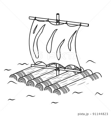 Wooden raft with sail, isolated vector illustration black outline sketch doodle 91144823