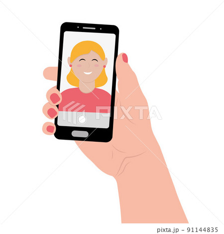 a woman takes a selfie on her phone, color vector illustration a woman takes a selfie on her phone, color vector illustration 91144835