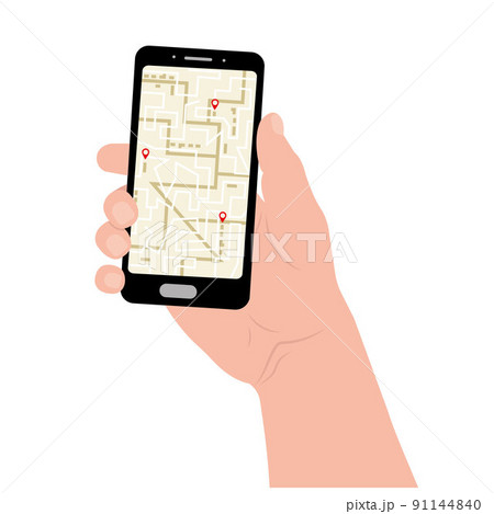 a man holds a phone with a map of the navigator of the city, color vector illustration 91144840